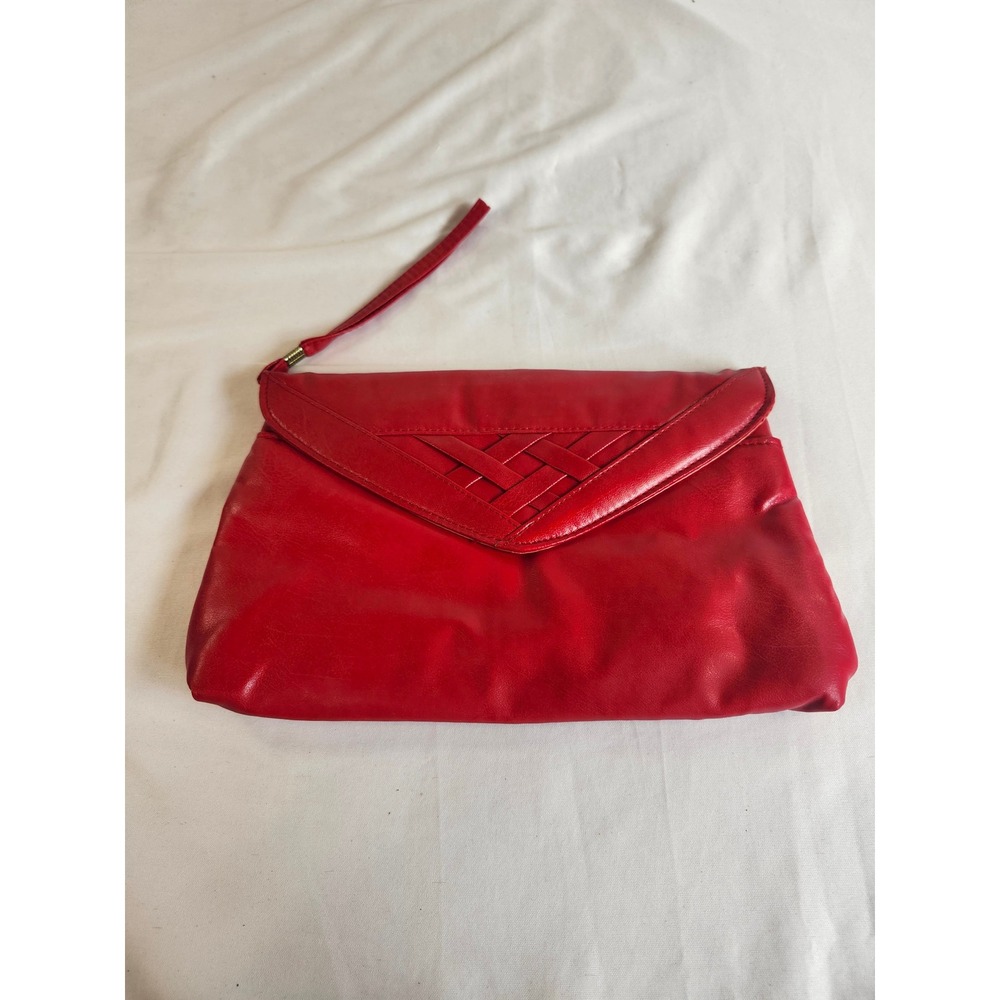 Red Faux Leather Envelope Clutch Bag with Woven Detail‎ and Wristlet Strap
